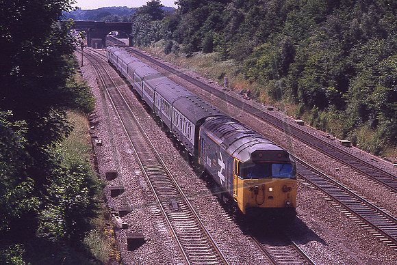 50009 CONQUEROR (Cat No KMM50009B) Ruscombe 1A43 TX 11.05 Paignton - Paddington 03-07-1986 Ken Moseley C0308