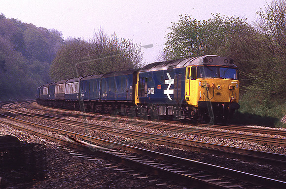 50009 CONQUEROR (Cat No KMM50009F) 11.40 Malago Vale - Old Oak Common vans 3A21 Pangbourne Cutting 24-04-1987 Ken Moseley C0576