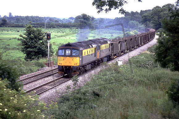 91-22 33008 EASTLEIGH & 33208 (Cat No 91-22) At Midgham Locks. 6V96 Tonbridge-Meldon Quarry. 09-07-91 Ian Ball