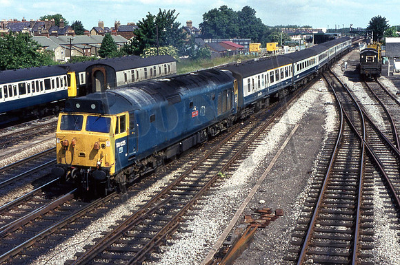 50025 (Cat No KM50025) INVINCIBLE Leaving Oxford heading south taken from Beckett Street Bridge we believe.